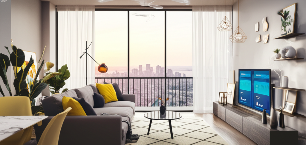 Modern short-term rental living room ready for guests